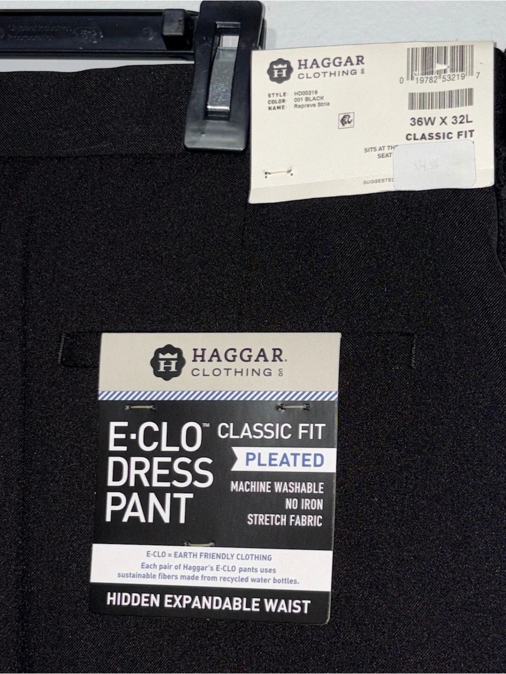 Haggar E-CLO Stria Mens 36x32 Black Classic Fit Pleated Dress Pants NWT
